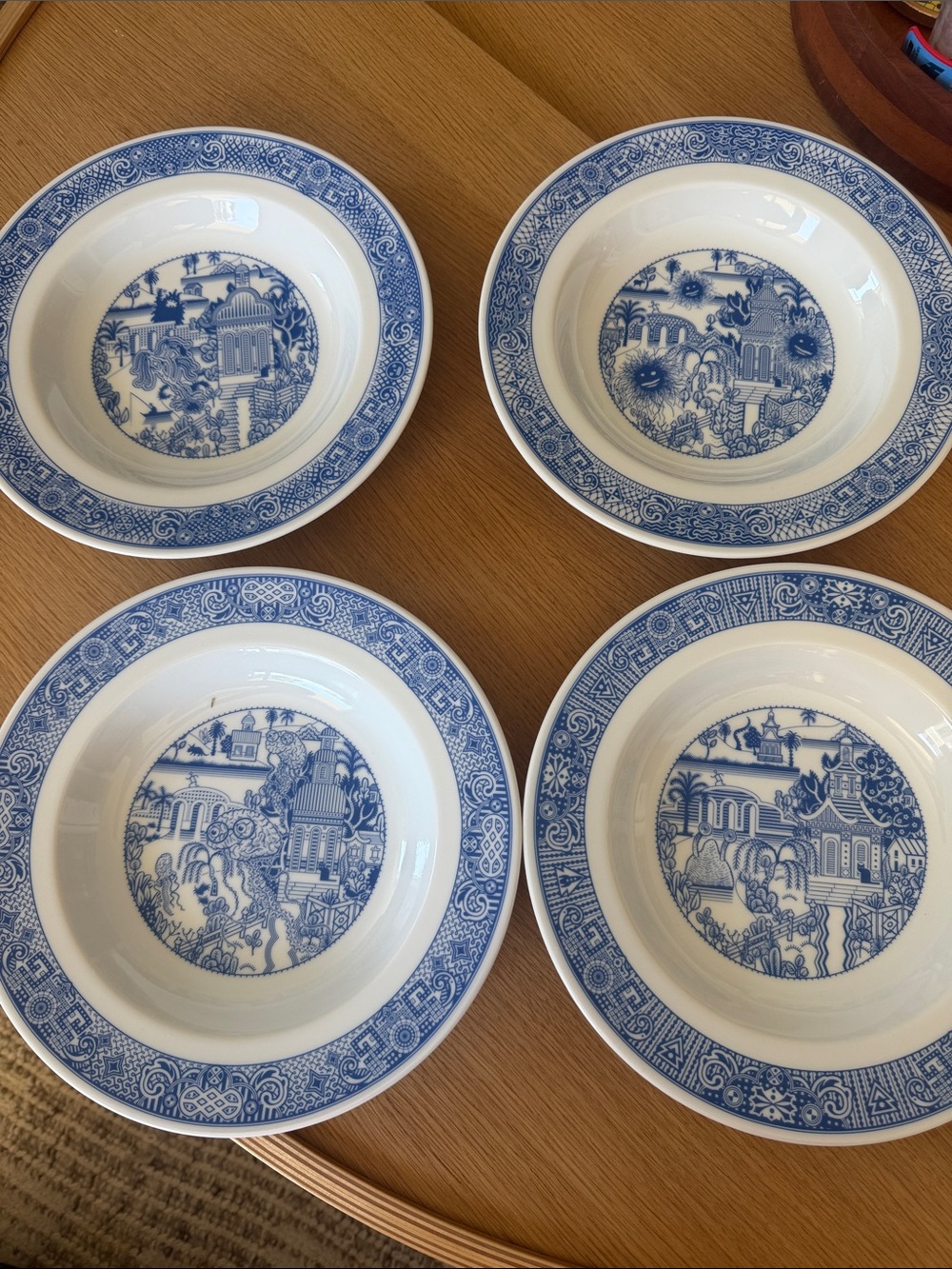 Set of 4 Blue & White Ceramic Soup Bowls with Whimsical Designs - Picture 4 of 13